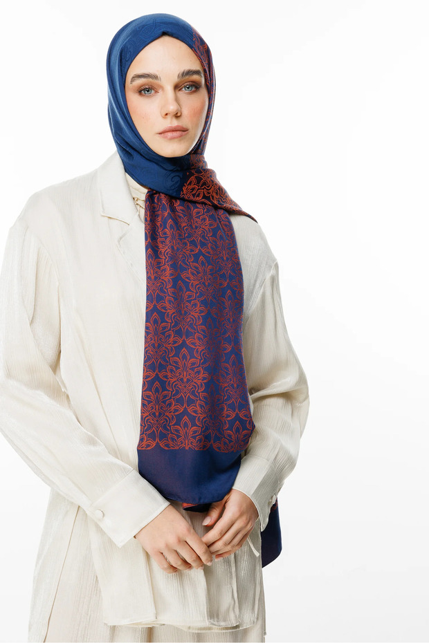 Nora Pattern Double Sided Shawl Navy Blue-Ceap Shell - 1