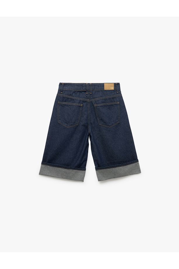 Katlı Paça Düğmeli Cep Detaylı Bermuda Denim Şort - 6