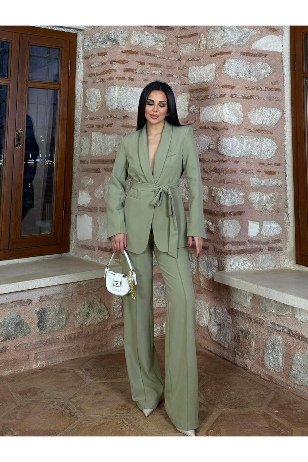 Women's Double-Belted Blazer Jacket and Trousers Set