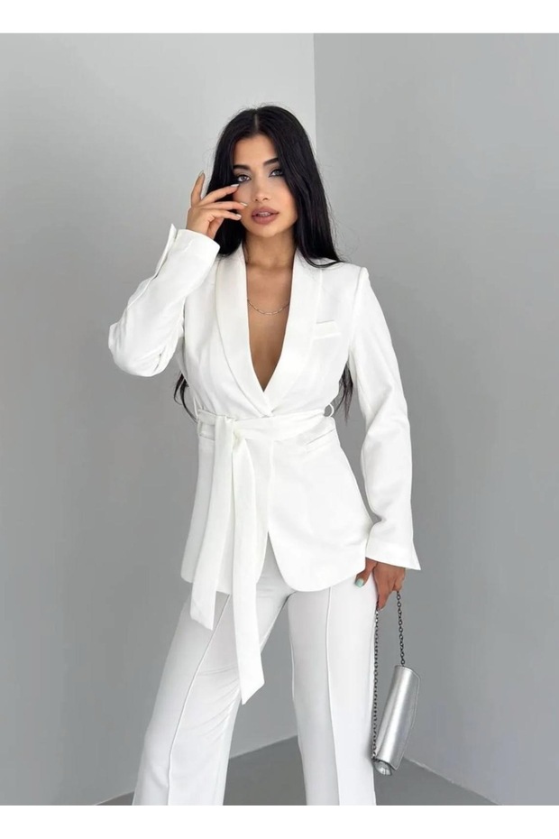Double Belted Blazer Jacket Pants Set - 5