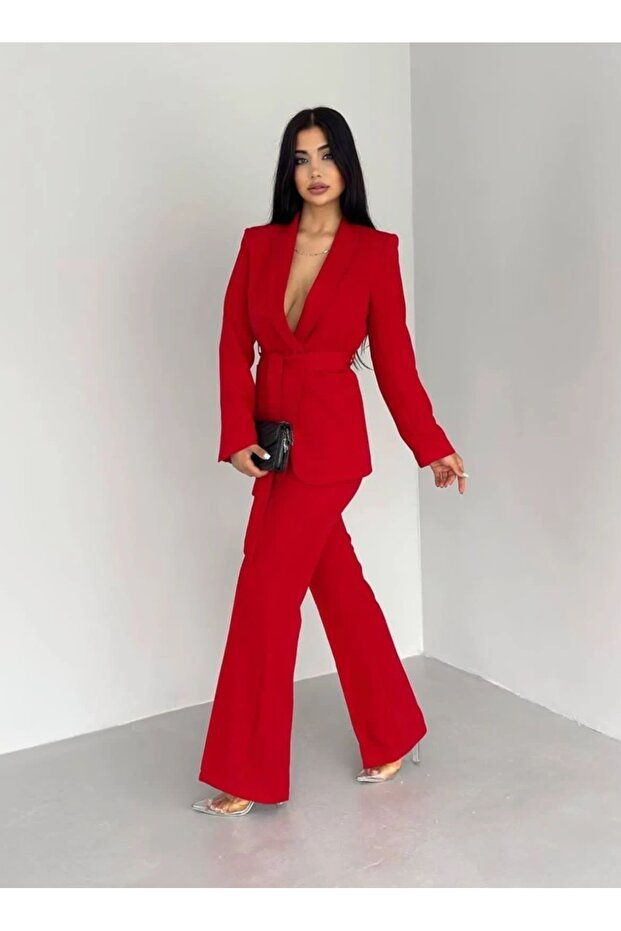 طقم بنطلون وسترة بحزام مزدوج - 3