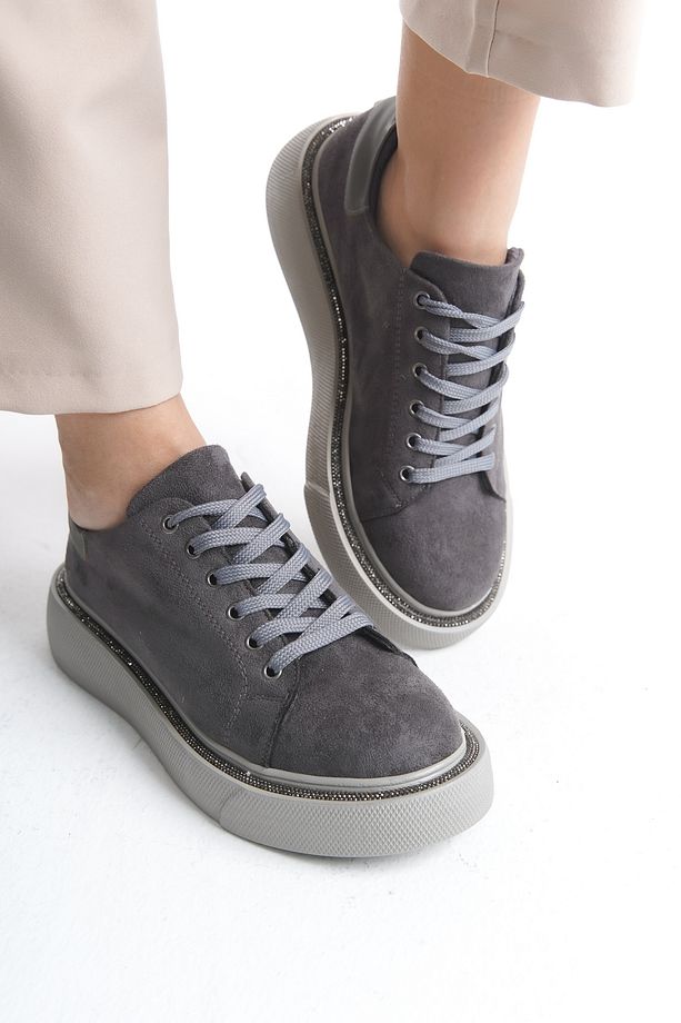 Kadın Sneaker Yüksek Taban Bağcıklı Spor Ayakkabı Sole Gri - 5