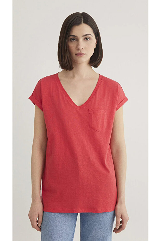 V Yaka Basic Tişört - 1