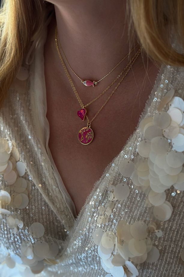 Üçlü Pembe Balık, Kalp, Dünya Model Kolye Seti - 1