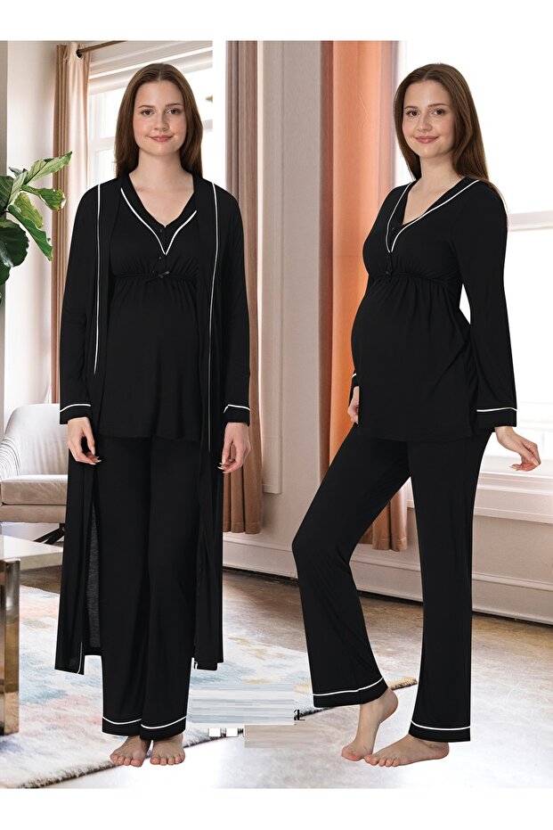 Pajama Set for Pregnant Maternity Long Sleeve with Dressing Gown