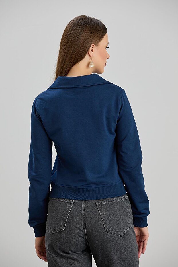 Kadın Gömlek Yakalı İki İplik Basic İndigo Renk Basic Sweatshirt - 2