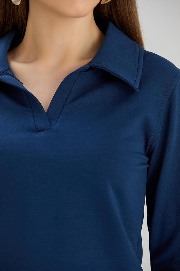 Kadın Gömlek Yakalı İki İplik Basic İndigo Renk Basic Sweatshirt - 4