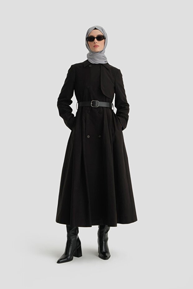Black Top Coat - Pleated and Belted, 24K8002 Model
