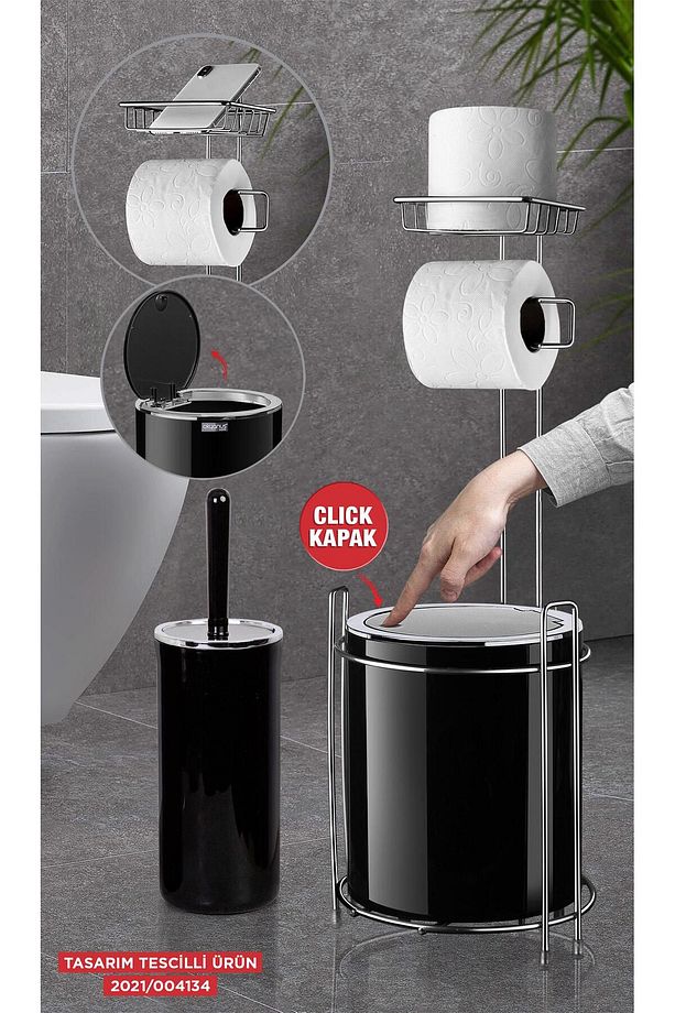Krom Yedekli Wc Kağıtlık - Yuvarlak Siyah Çöp Kovası Ve Wc Fırça Seti - 1