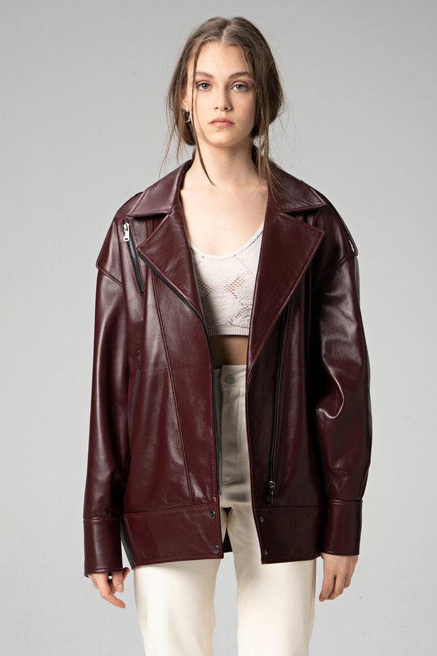 Wm019 Oversized Biker Genuine Leather Women's Coat Burgundy