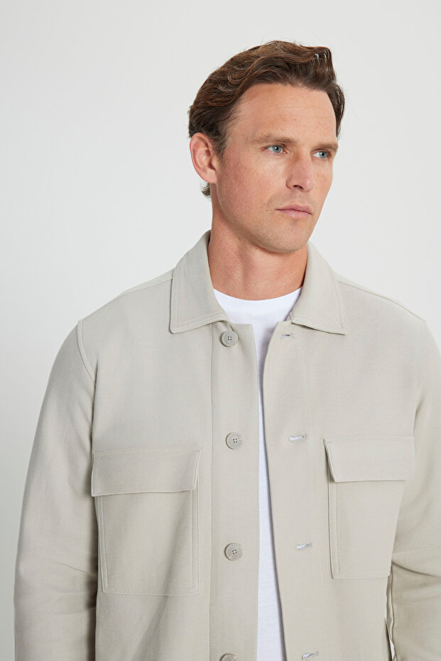 Erkek Bej Standart Fit Normal Kesim Gömlek Yaka %100 Pamuk Mont - 4