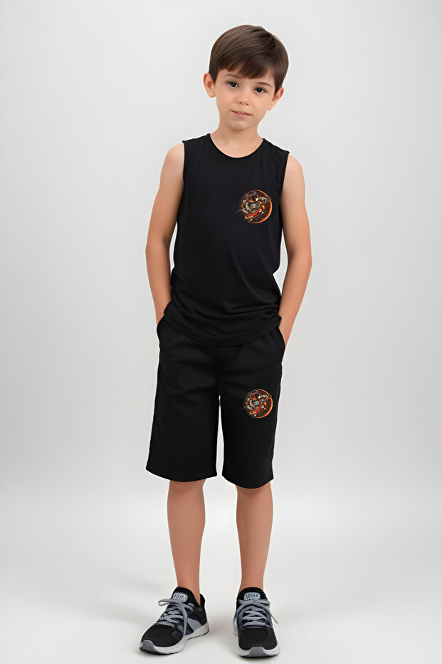 Astronaut Skateboard Printed Boys' Suspender T-Shirt and Shorts Set Top and Bottom