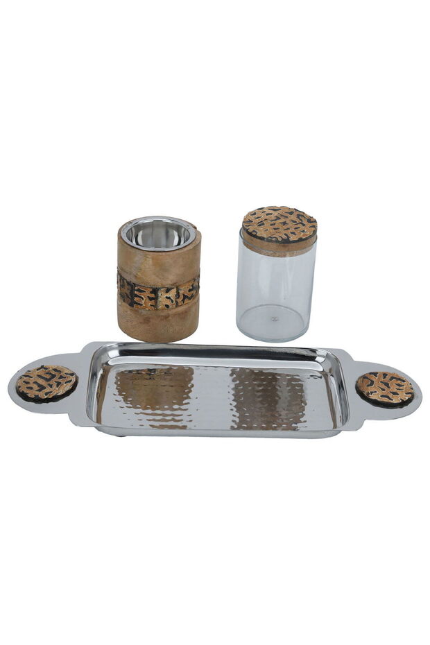 Al Saif Gallery steel incense burner set, 29.5 x 14 x 11.5 cm, 3 pieces, Tofariya, cylindrical - silver