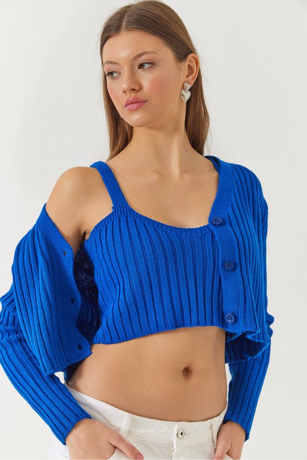 Women's Cobalt blue Cardigan Crop Athlete Double Knitwear Set 60261447