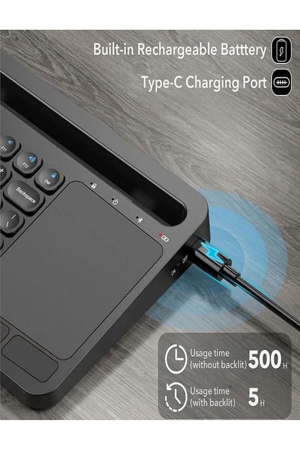 Kablosuz Type-C Şarjlı Bluetooth Klavye Touchpadli Telefon-Tablet Standlı iOS/Android/Windows Uyumlu - 3
