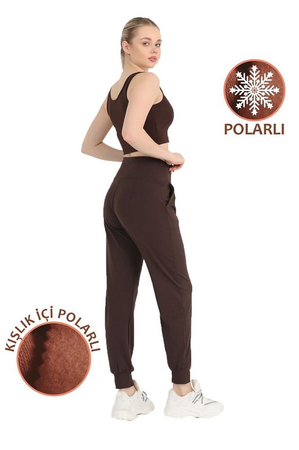 Kadın Koyu Kahve Polarlı Kışlık Eşofman Altı Jogger Yüksek Bel Şardonlu Dalgıç 1062 - 6