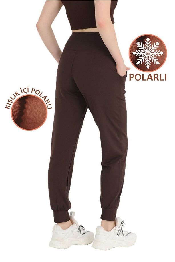 Kadın Koyu Kahve Polarlı Kışlık Eşofman Altı Jogger Yüksek Bel Şardonlu Dalgıç 1062 - 2