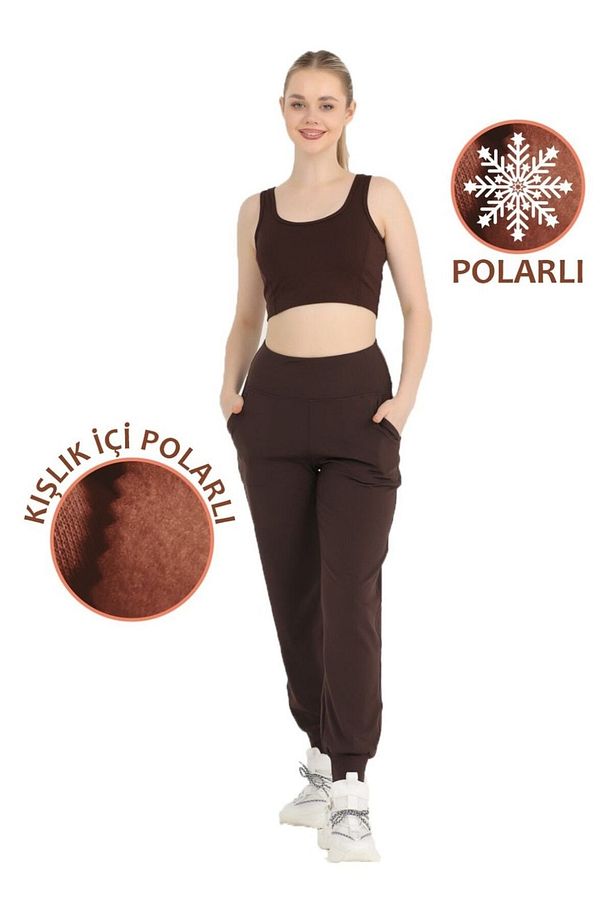 Kadın Koyu Kahve Polarlı Kışlık Eşofman Altı Jogger Yüksek Bel Şardonlu Dalgıç 1062 - 5