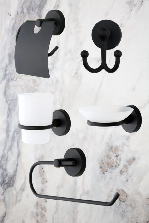 Black Covered Toilet Paper Holder/Bathrobe Hanger/Paper Towel Holder/Soap Dispenser/Toothbrush Holder 5-Piece Bathroom Set