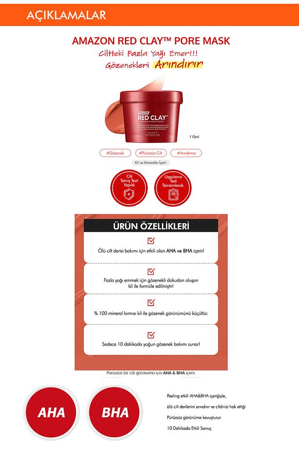 Gözenekli Ciltler İçin Amazon Kili Maske ve Temizleyici Set (110ml+120ml) Amazon Red Clay Pore - 6