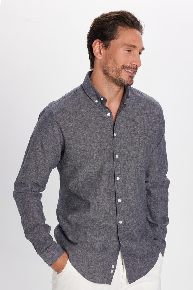 Men's Slim Fit Slim Fit Long Sleeve Linen Premium Series Button Lapel Sports Anthracite Shirt
