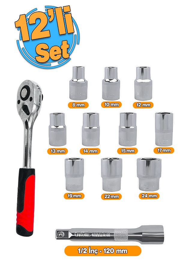 Lokma Anahtar Takımı 12'li Set 8-10-12-13-14-15-17-19-22-24 mm Cr-V Çelik 1/2 Derin Cırcır Soket - 1