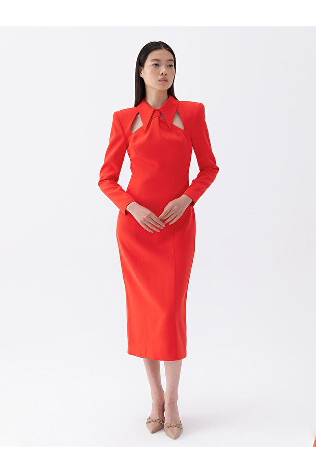 Padded Tie Collar Midi Dress