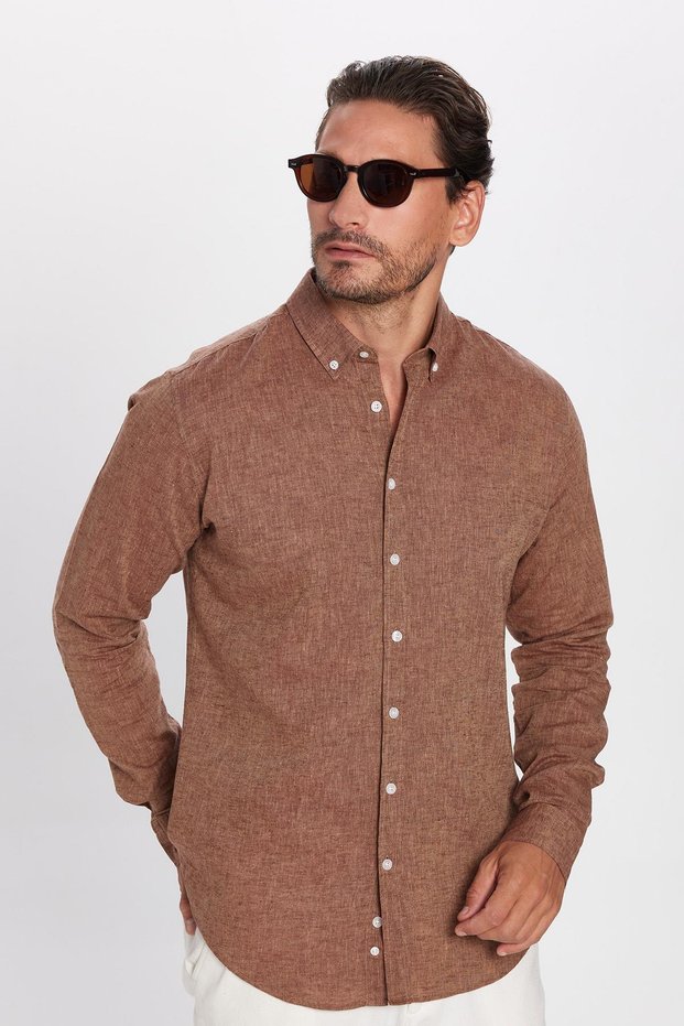 Men's Slim Fit Slim Fit Long Sleeve Linen Premium Series Buttoned Lapel Sports Brown Shirt