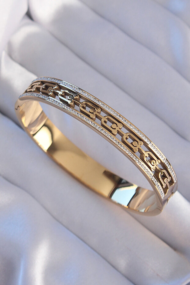 316L Steel Gold Color Zircon Stone Model Handcuff Bracelet Bangle 6010