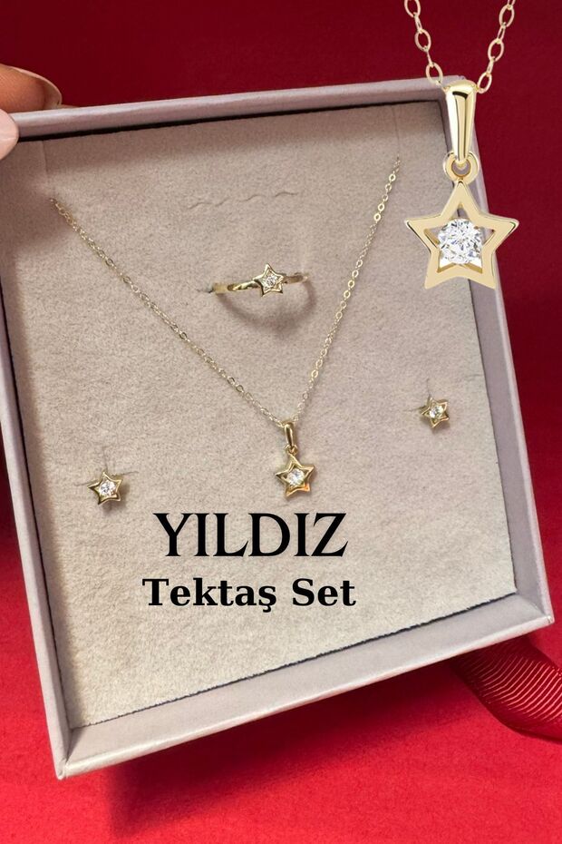Tek Taşlı Yıldız Altın Set - 3'lü - 6