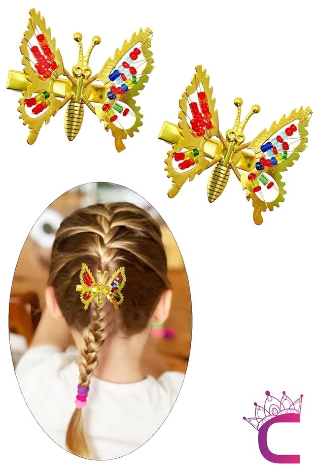 Set of 2 Retro Swinging Butterfly Hairpins - Gold Metal, Moving and Bead Detail Hair Clip