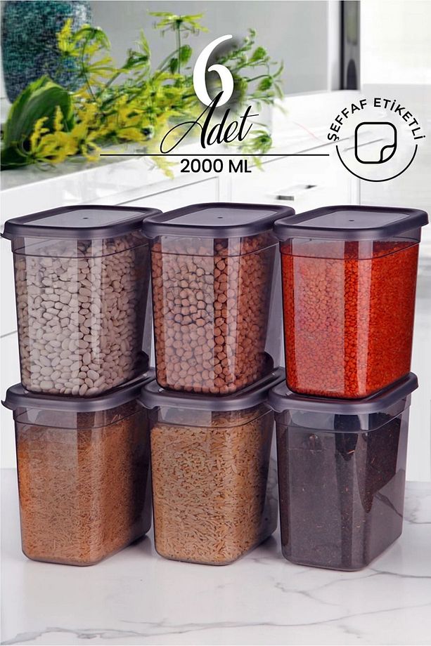 6'lı Antrasit Dikdörtgen Saklama Kabı Seti 2000 ml - 2 Litre Çoklu Set Yapılabilen Set Erzak - 2