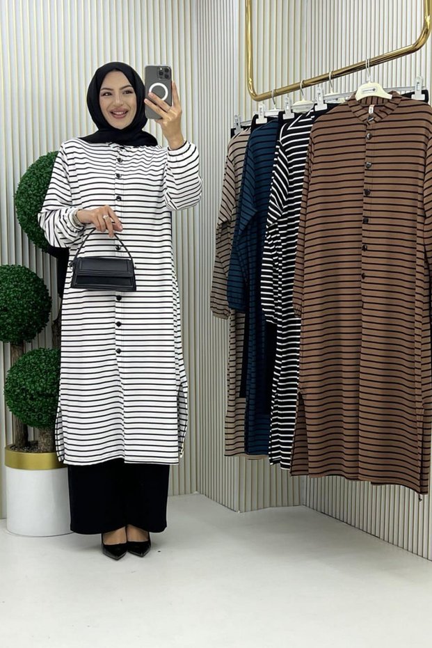 Nursen set hijab striped buttoned hijab tunic knitted fabric seasonal white