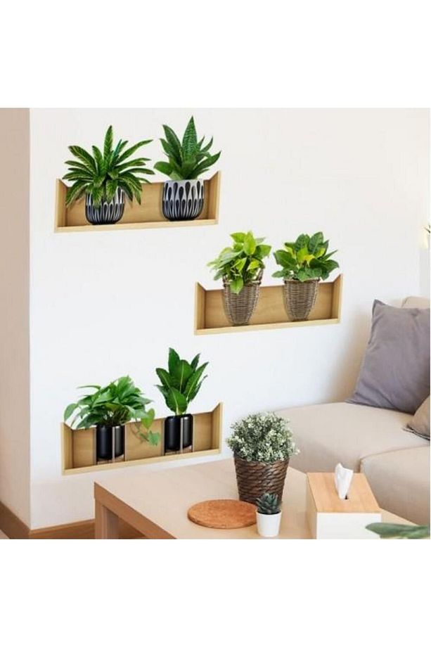 Raflı Bitki Tasarımlı Yapışkanlı Sticker 20X30 Cm 3lü Set Ev Dekorasyonu Çiçek Duvar Çıkartması - 1