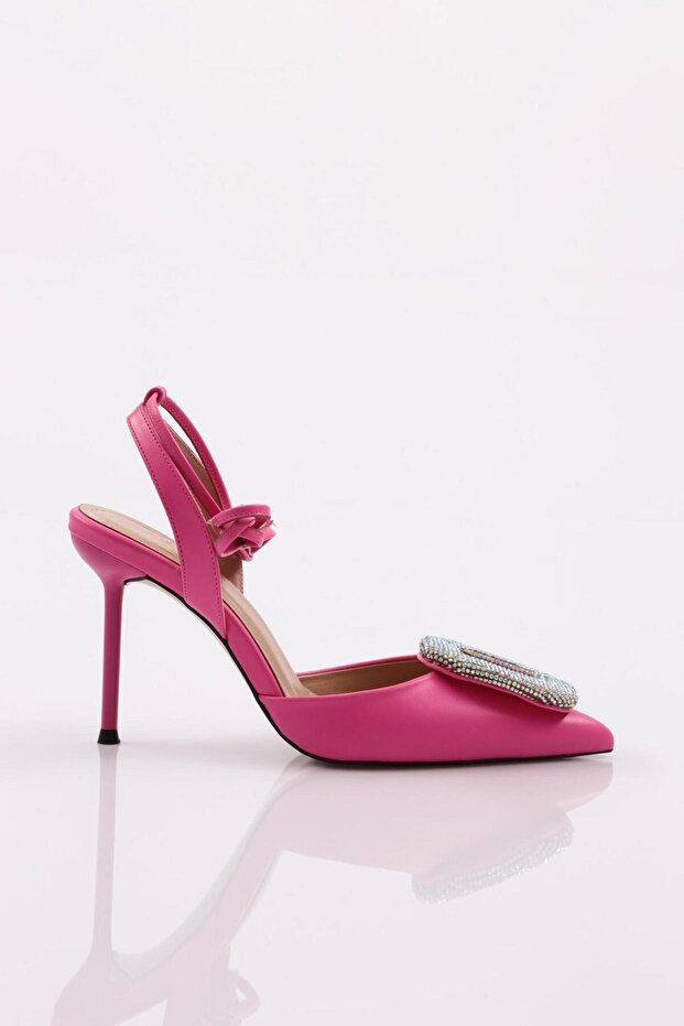 Women's Round Stone Detailed Heeled Shoes Fuchsia 61772859