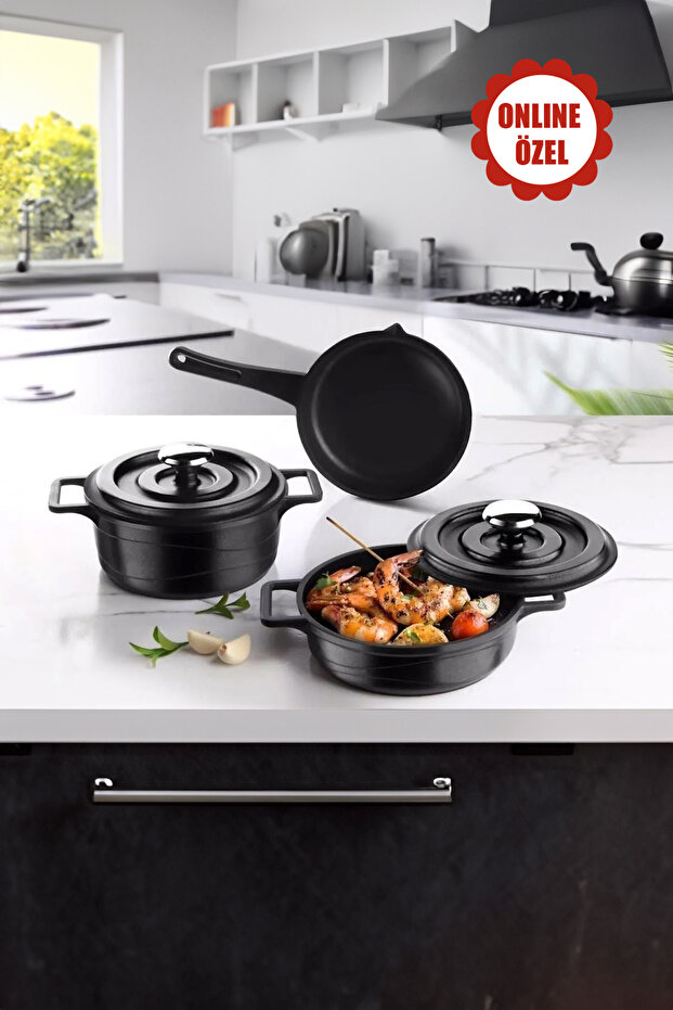 Smart Baby Series 5-Piece Mini Cast Iron Pot Set Black 14 cm Oven&Stove Compatible