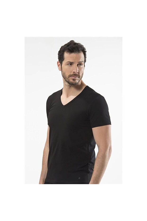 1306 V-Neck Short Sleeve Men's T-shirt - Black