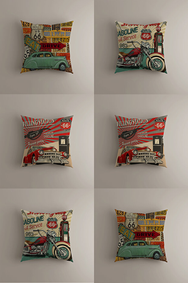 Retro Route 66 Themed Throw Pillow Cover Set (43X43 cm)