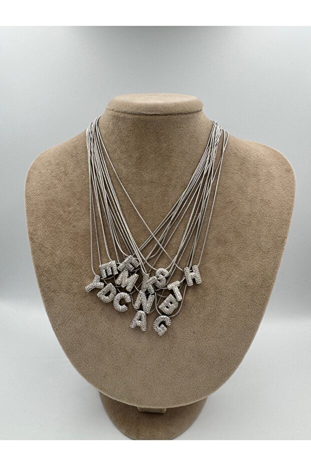 Taşlı Minimal E Harf Çelik Kolye 40-5 Cm - 4