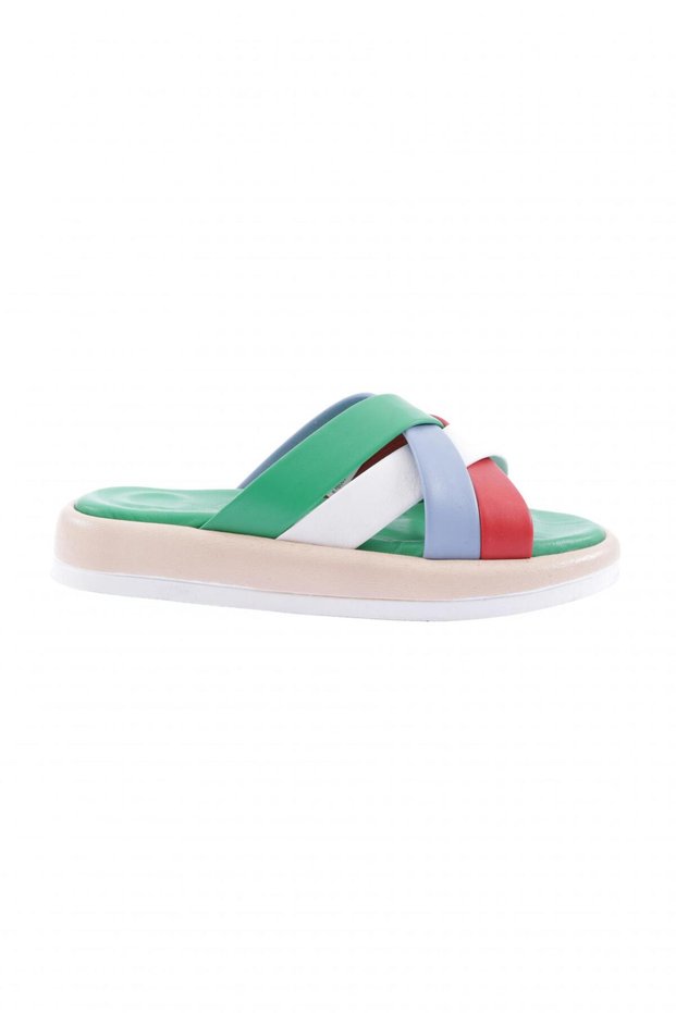 2032-2133-23Y Women's Cross Banded Slippers Genuine Leather Green Baby Blue White Red