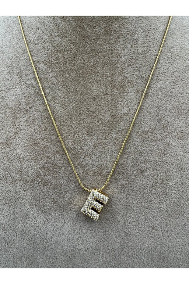 Taşlı Minimal E Harf Çelik Kolye 40-5 Cm - 1