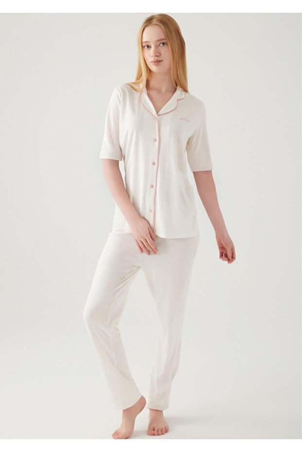 Women's Cream Modal & Cotton, Short Sleeve, Front Buttoned, Women's Pajama Set R.O.7.7.Z.E.1.5.L.T.