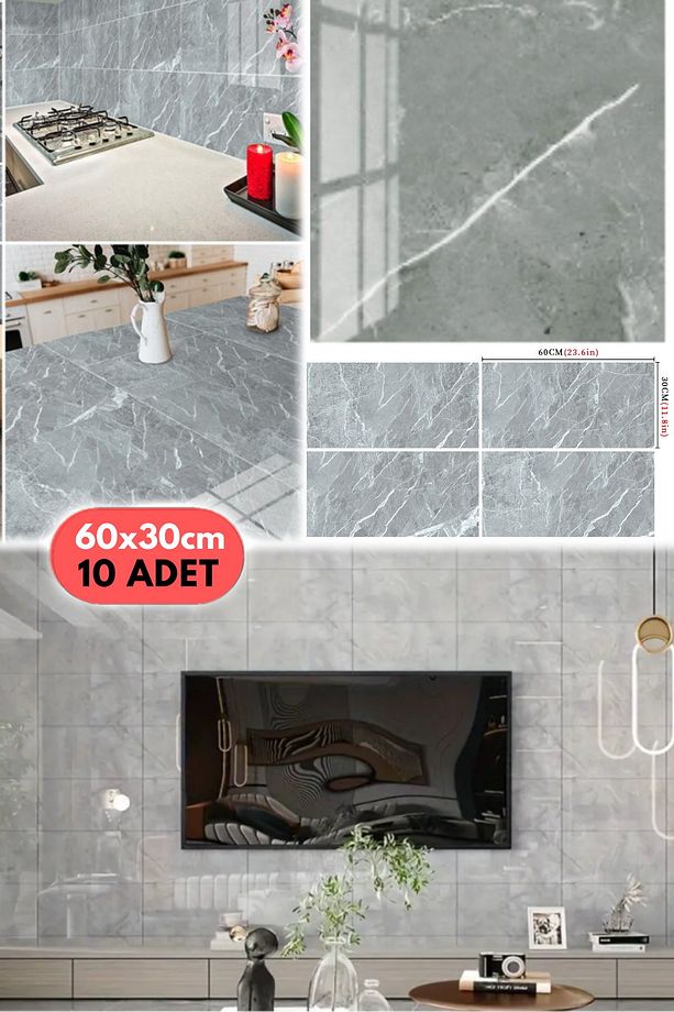 10PC 60x30 Cm Kendinden Yapışkanlı Gri 3D Şık Fayans Duvar Yapıştırma Duvar Kağıdı Dekorasyon - 1