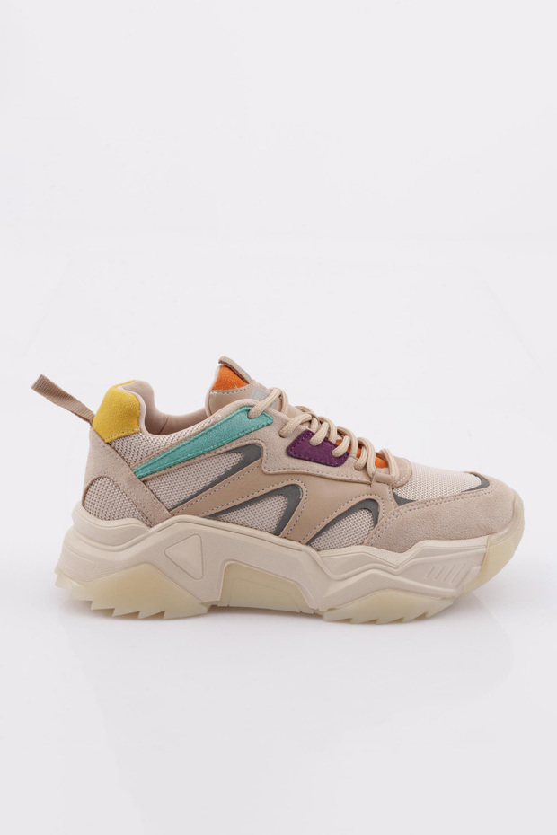 65142 Women's Lace-Up Thick Sole Sports Shoes Beige Multi