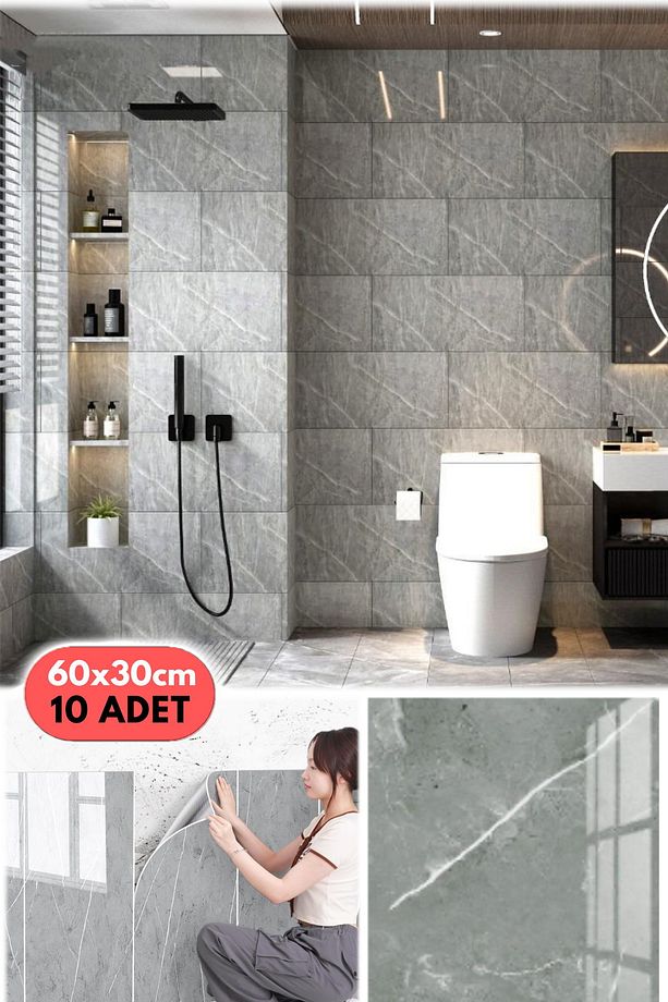 10PC 60x30 Cm Kendinden Yapışkanlı Gri 3D Şık Fayans Duvar Yapıştırma Duvar Kağıdı Dekorasyon - 5