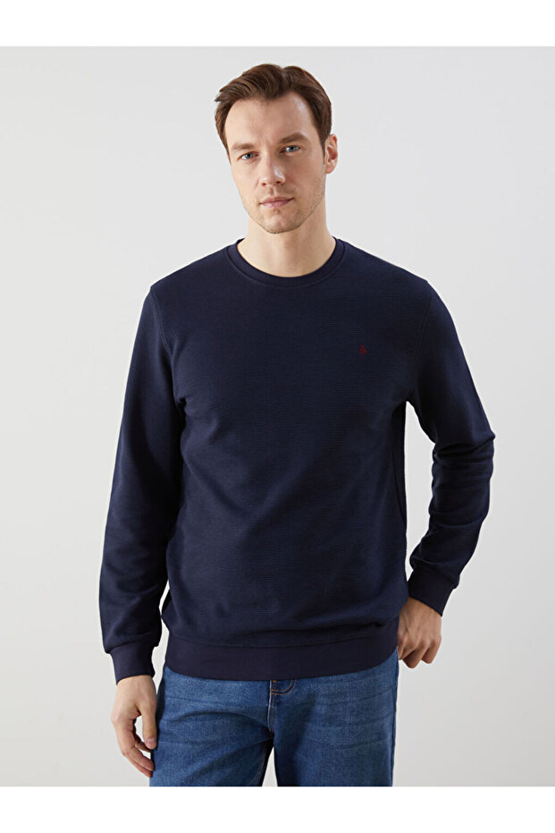 Lcwaikiki Classic Navy Blue Crew Neck Long Sleeve Printed Men's Sweatshirt