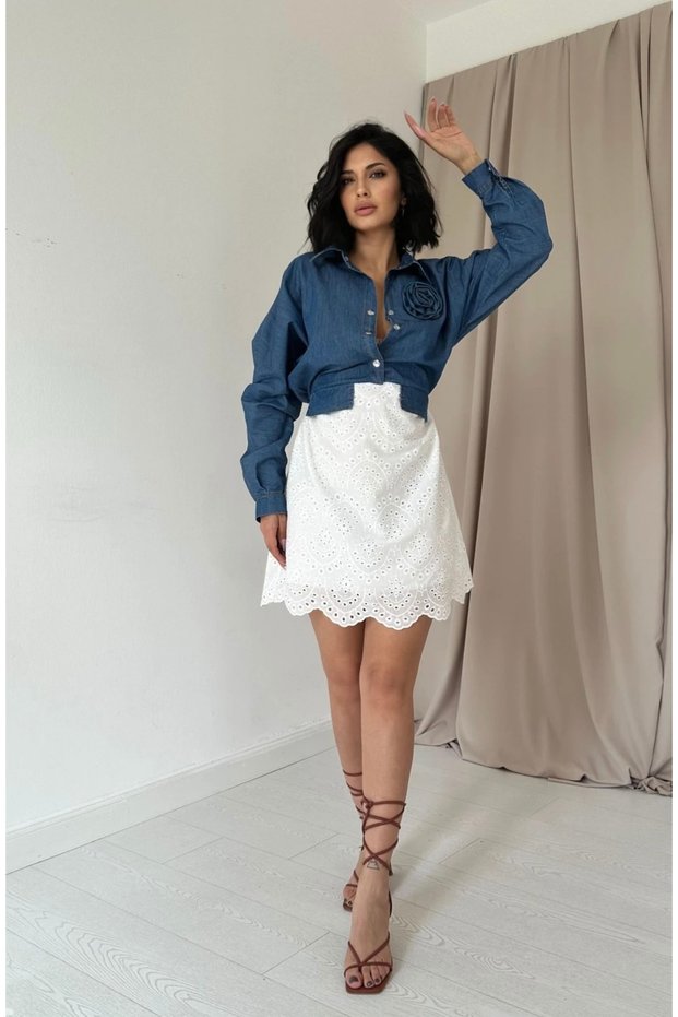 Women's Denim Shirt Top and White Skirt with Lace Details, Short Dress with Two Kumag.