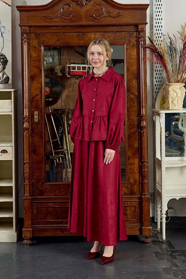 Burgundy Jacquard Shirt Skirt Set