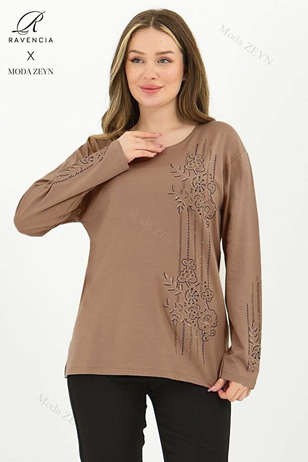 Women's Middle Age and Above Viscose Stripe Pattern Stone Embroidered Lycra Mustard Mother Combed Cotton Blouse