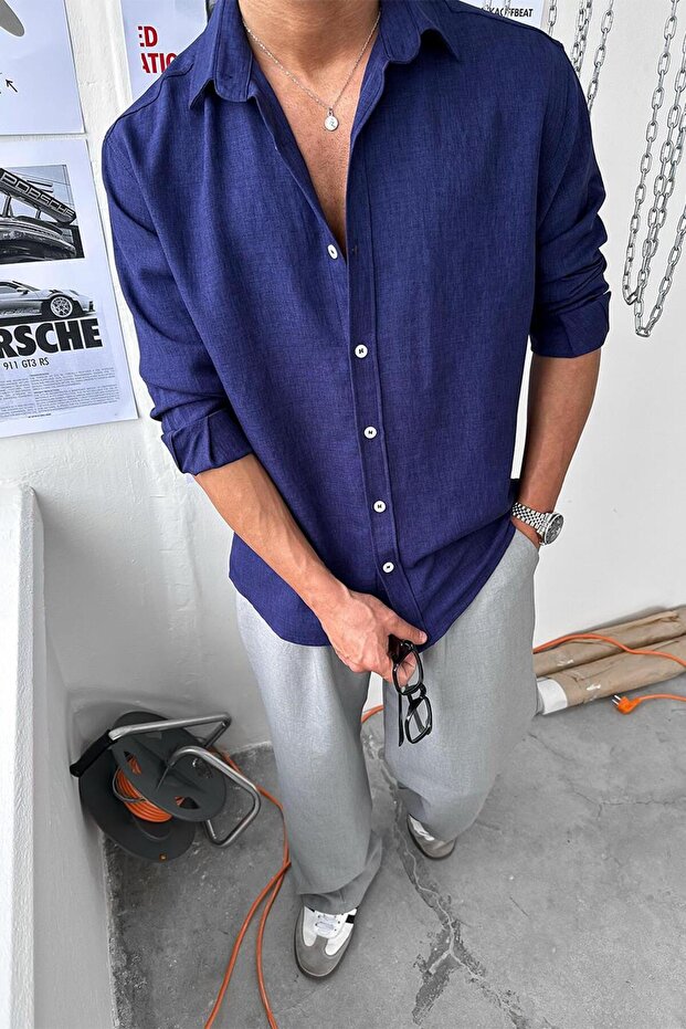 Ανοιχτό Navy Blue Basic Relaxed πουκάμισο - 4